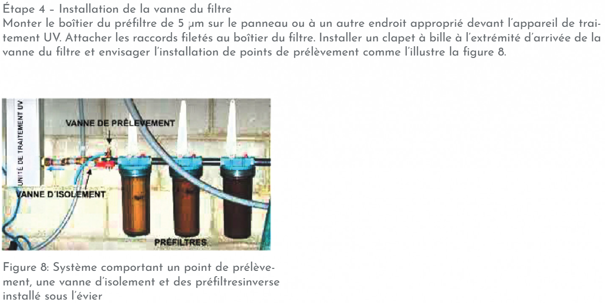 prefiltre_avec_uv.png – Système avec préfiltres, vanne d'isolement et point de prélèvement